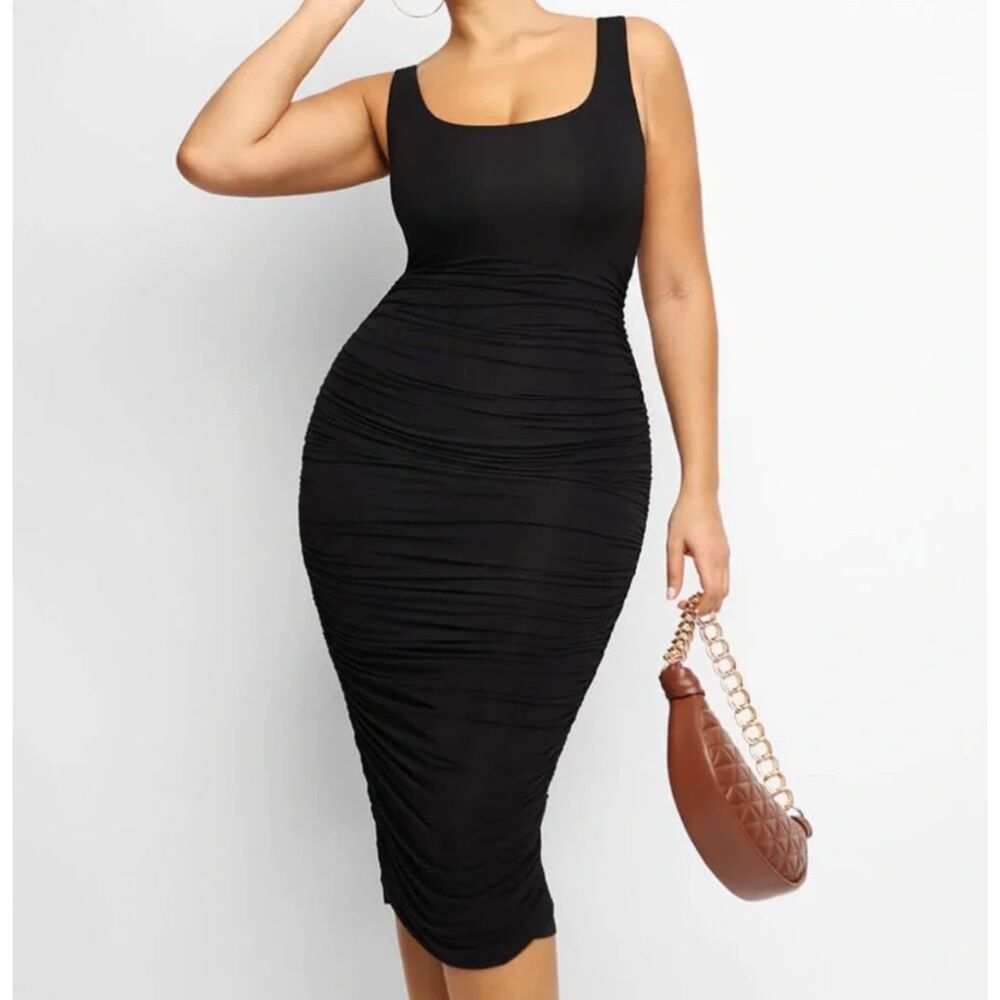 Shapellx Little Black Dress Ruched Shaping Party Cocktail Bodycon Midi | SZ XL